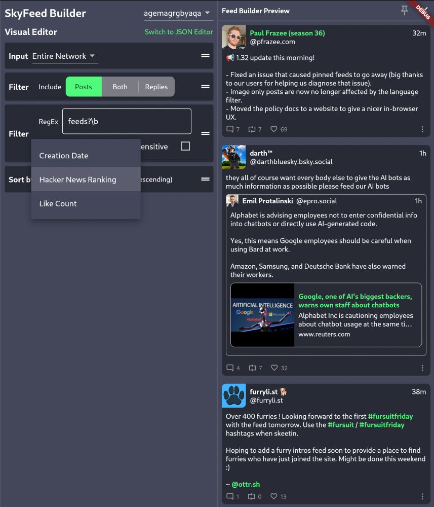 Screenshot of the new SkyFeed Builder, running in debug mode