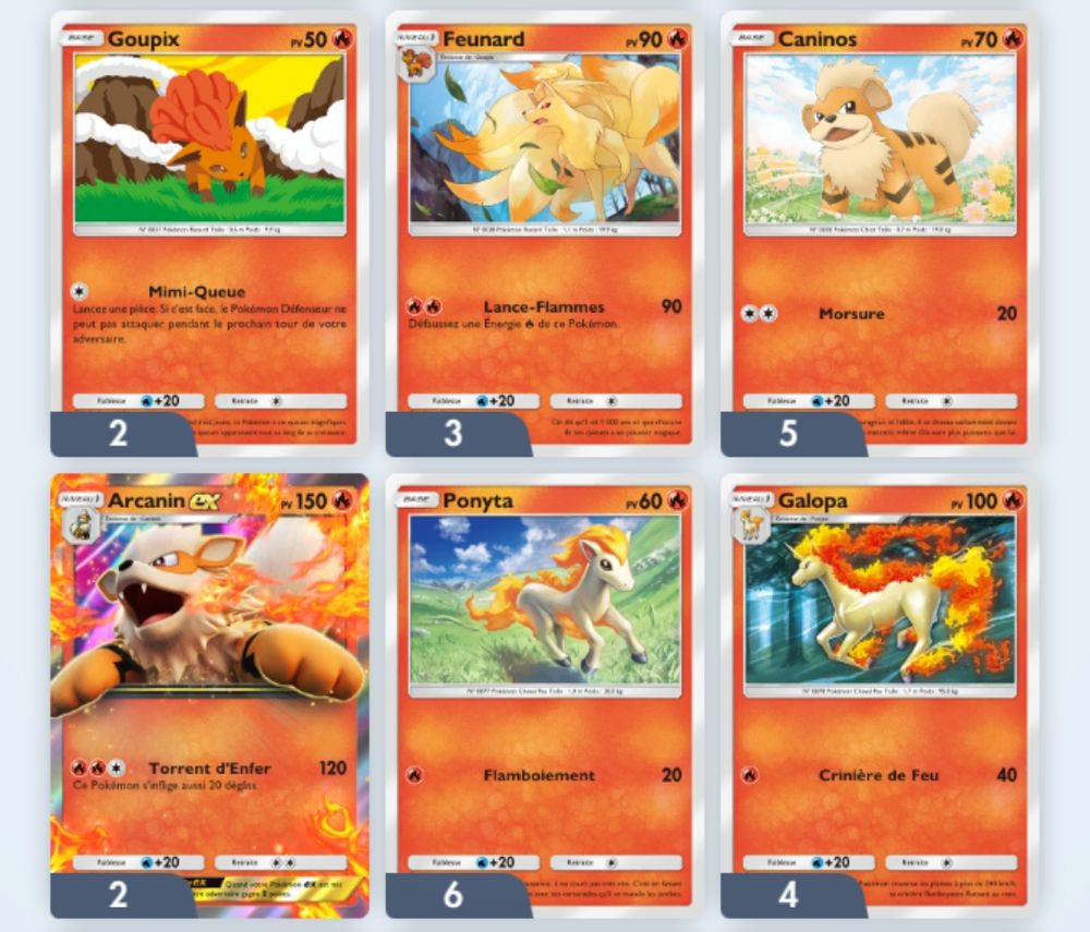Capture d'écran du jeu mobile Pokémon TCG montrant 2 cartes Goupix, 3 cartes Feunard, 5 cartes Caninos et 2 cartes Arcanin qui sont des créatures de type chien, ainsi que 6 cartes Ponyta et 4 cartes Galopa qui sont des créatures de type cheval.
