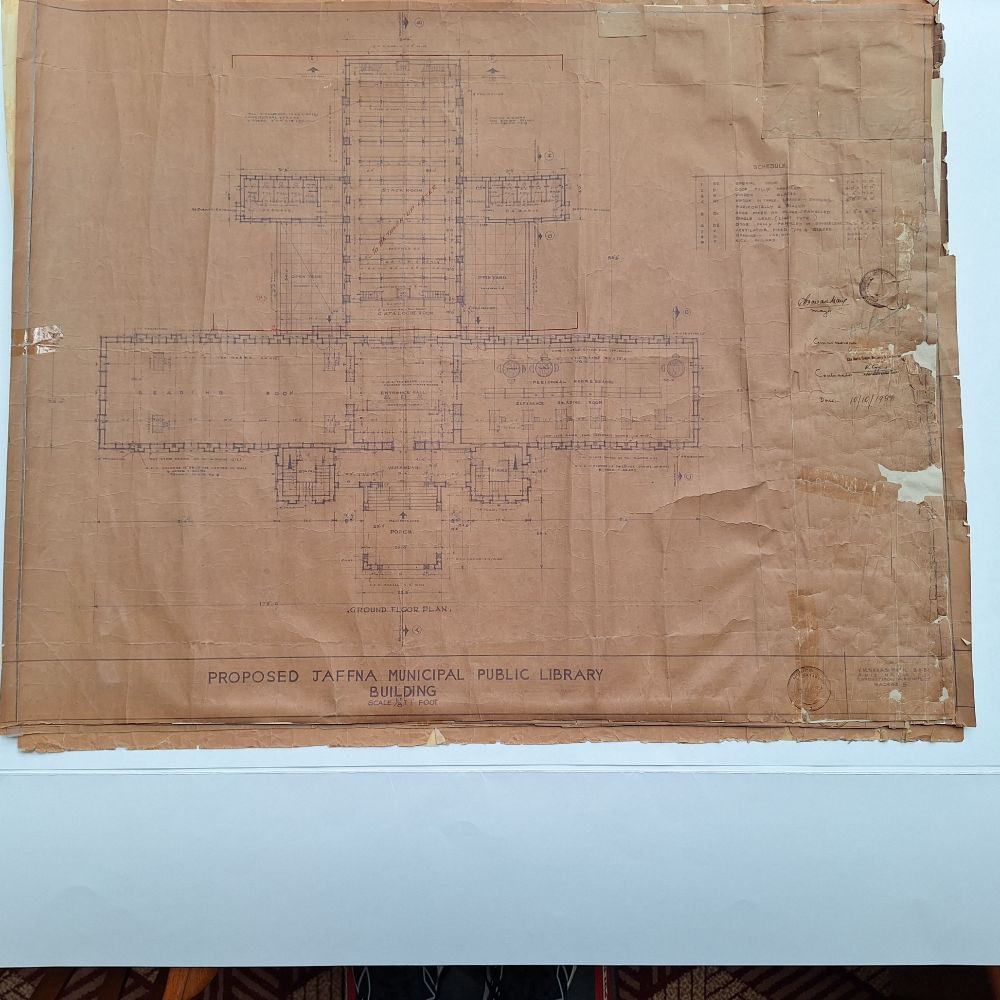 Photo du plan original du rez-de-chaussée de la Bibliothèque de Jaffna à la State Library of New South Wales