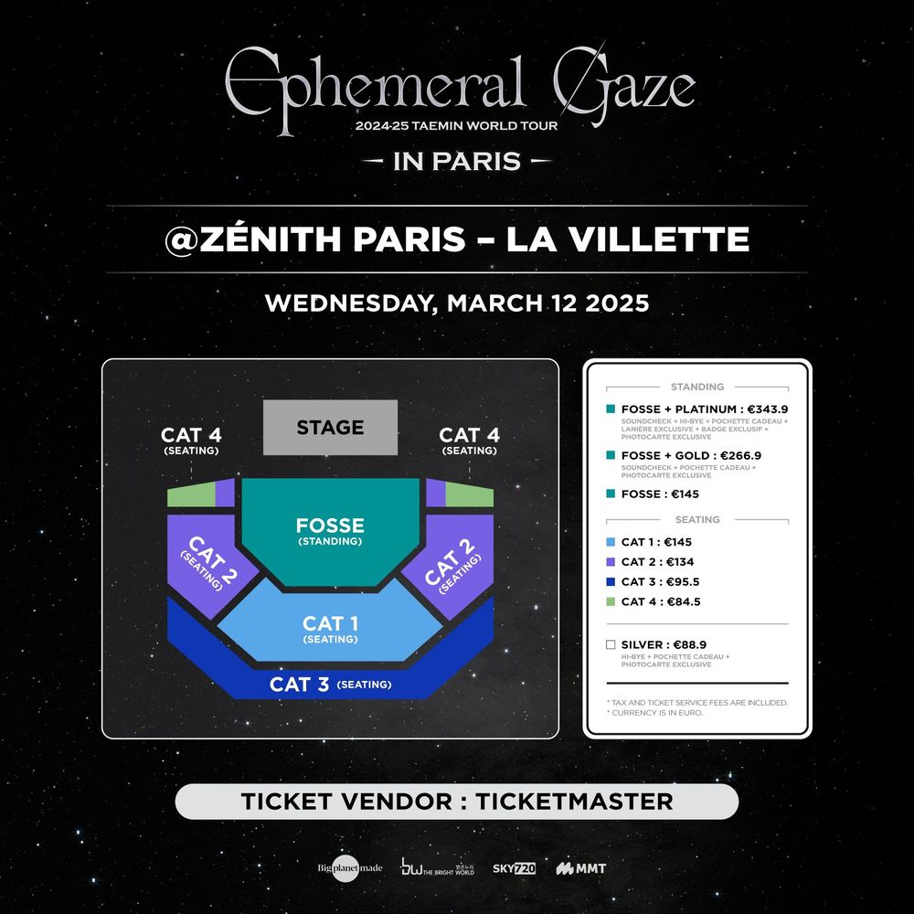 Plan et prix des places pour le concert de Taemin au Zénith de Paris le 12 Mars 2025
