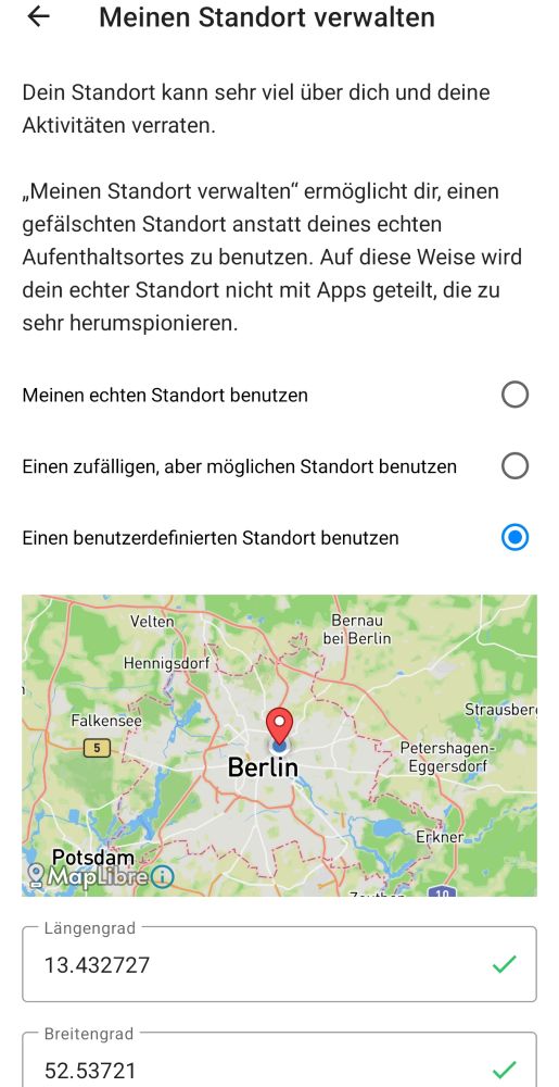 Three options:
1. Use my real location
2. Use a random but possible location
3. Use a custom picked location