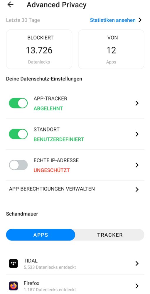 App tracker
13.726 data leaks by 12 apps
Tidal 5.533 leaks
Firefox 1.187 leaks