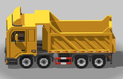 Yellow voxel truck from an angled sideview. Kind of looks like a garbage truck, honestly.