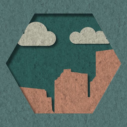 An icon made from the city reference image on the left. It is a square that contains the a hex cutout. The cutout has a skyline and 2 clouds inside it.