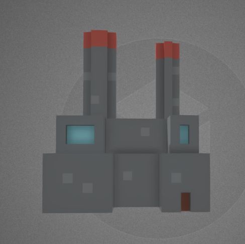 A low detail voxel factory with a red tipped chimney and blue windows.
