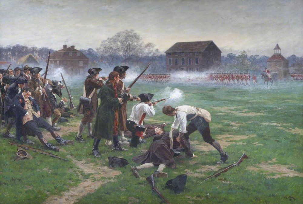 This is a painting by the artist William Barns Wollen.  It was painted in 1910.  It depicts the battle of Lexington, fought on the morning of April 19, 1775.  The British troops were marching from Boston to Concord, with orders to seize the Concord magazine.  The Lexington militia, called 'minute men,' knew the British were coming and gathered on the Lexington green in the early morning hours.  The British ordered them to disperse, but the militia refused.  As tensions rose, a shot was fired - called afterwards, 'the shot heard round the world.'  The British claimed the militia fired the first shot; the militia accused the British of doing so.  Regardless, the British commander ordered his men to open fire on the assembled militia, thus beginning the Revolutionary War in America.  This painting shows the conflict on the Lexington green, with the British red coats charging across the open grass toward the militia.  The militia attempt to stand their ground and return fire, but they cannot maintain their position.  Already, several men have been killed and wounded, and they have no cover or reinforcements.  The air is filled with smoke from the exchange of musket-fire, and the sky is grey and foggy - creating a hazy atmosphere reminiscent of a dream, or a memory.