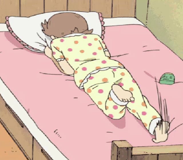 a cartoon drawing of a person laying on a bed with a green clock on the floor