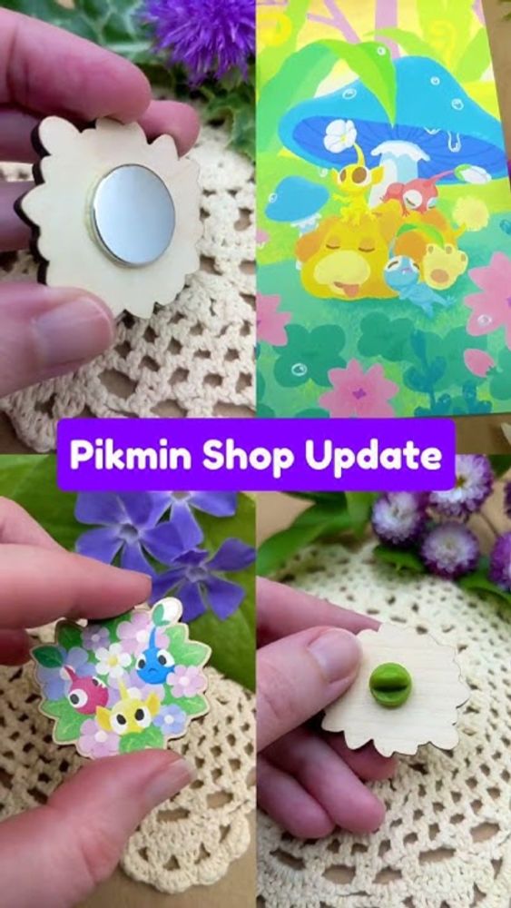 New Pikmin wood pins, magnets and postcard print! :) #pikmin #oatchi