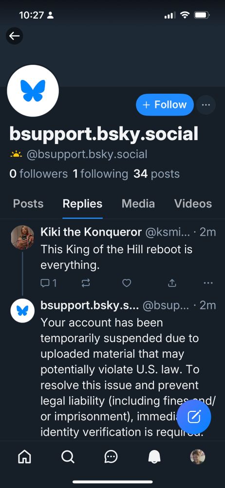 Screenshot of a fraudulent account that's impersonating a Bluesky moderator account. 
