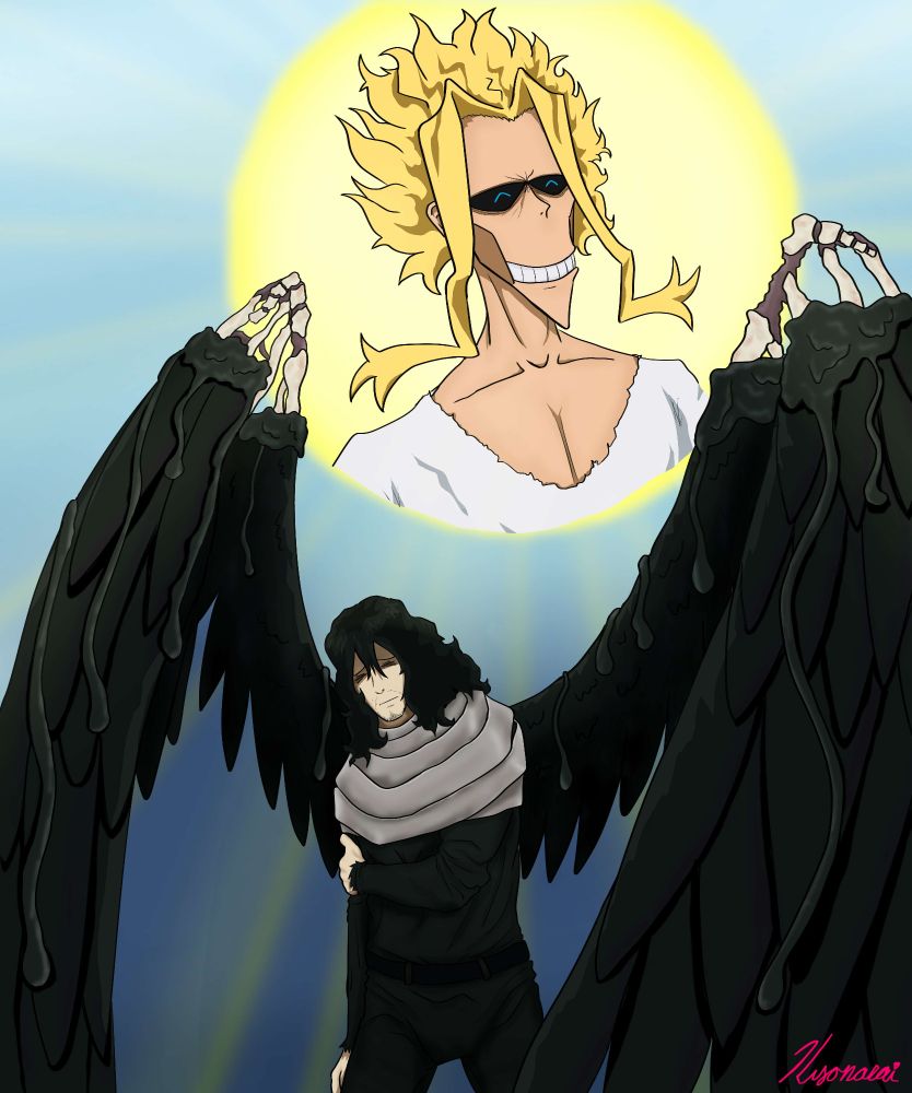 A parody of the greek myth of Icarus. Aizawa stands beneath an image pf all might enshrined in the sun, his wax feathers melting off shriveled bone wings.