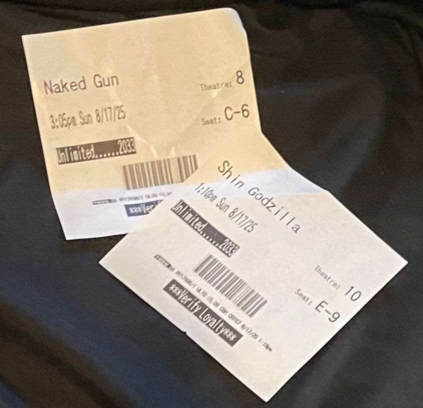 2 movie tickets: one for Naked Gun and one for Shin Godzilla