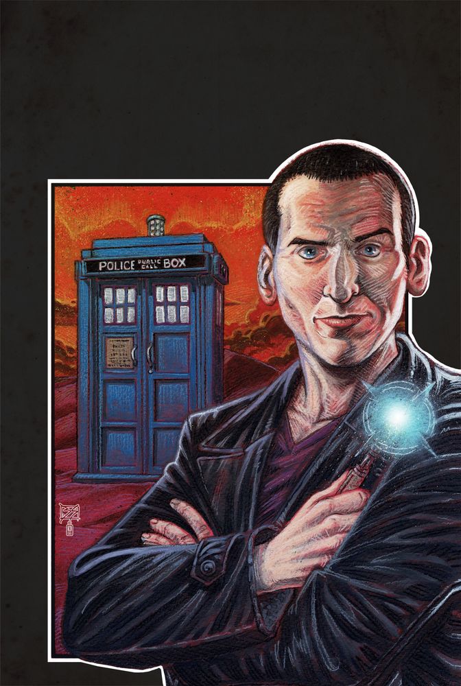 The ninth Doctor and his TARDIS on a red planet. Traditionally painted.