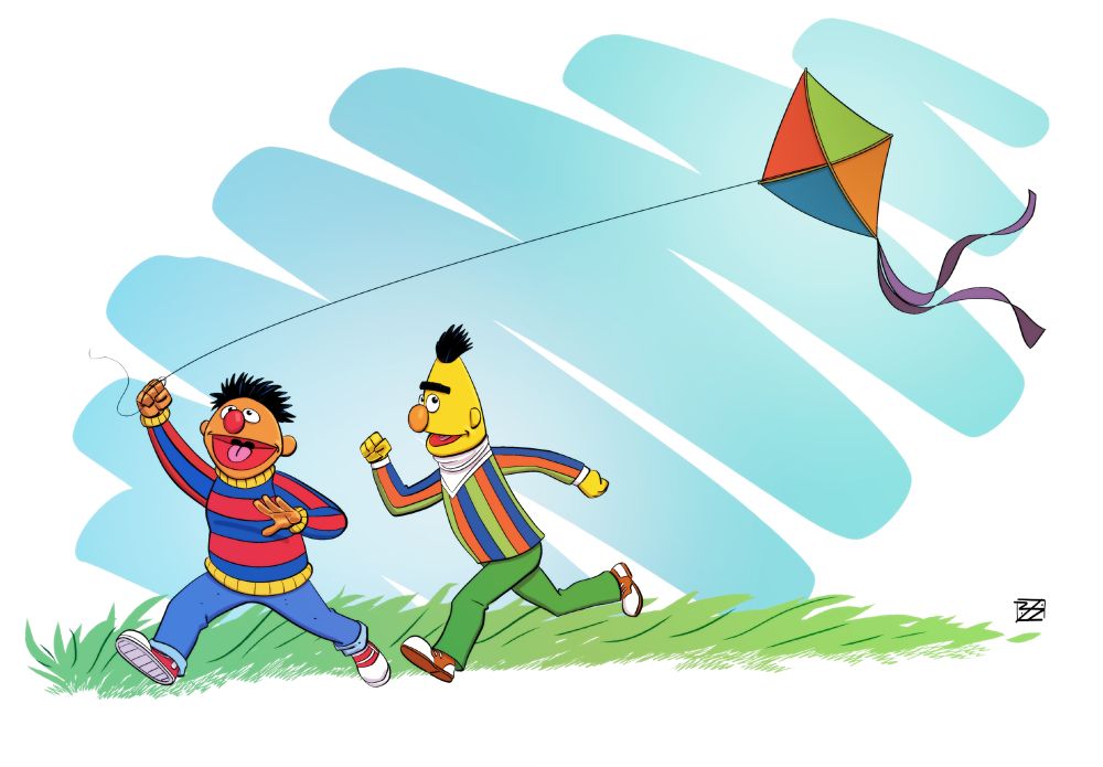Ernie and Bert flying a kite. Digital drawing.