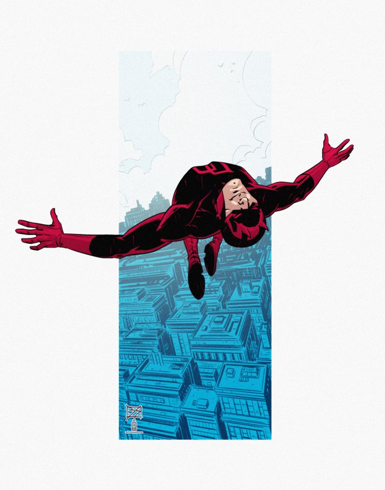 Daredevil flipping above the city. Digital drawing.