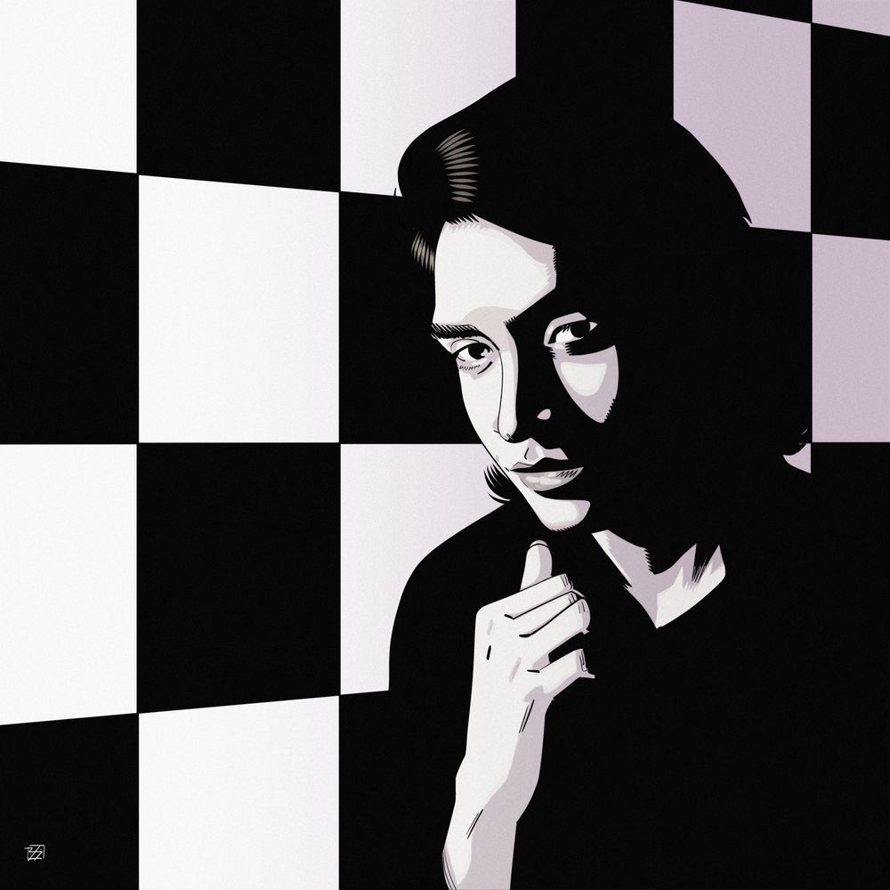 Digital drawing of a person against a checkerboard pattern.