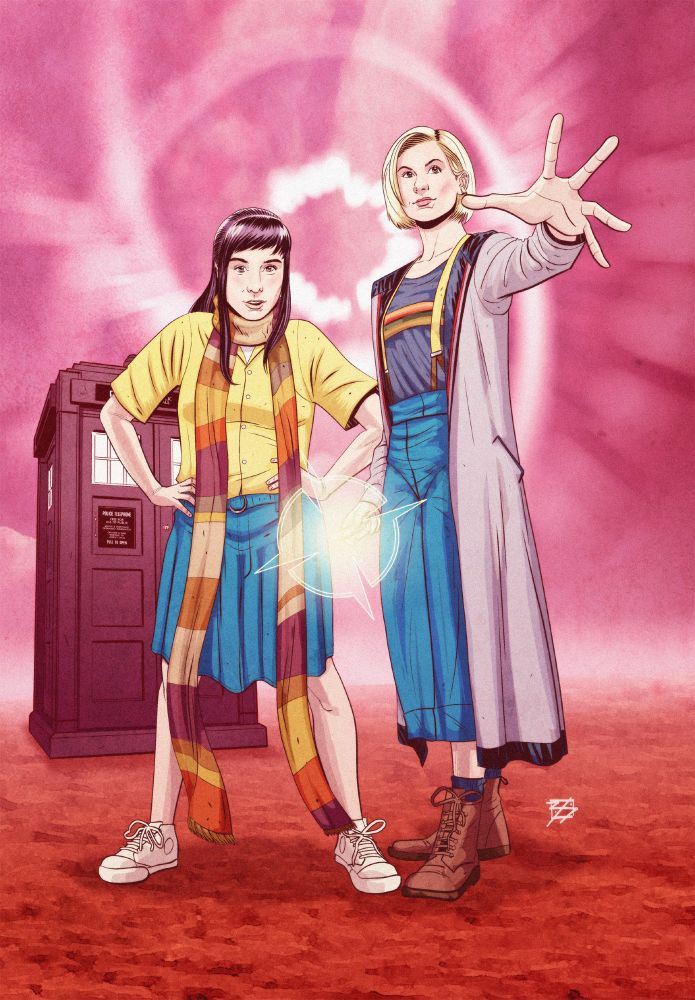 The TARDIS, Ellen Rose, and the Thirteenth Doctor on an alien palnet with stuff happening in the sky. Digitally drawn.