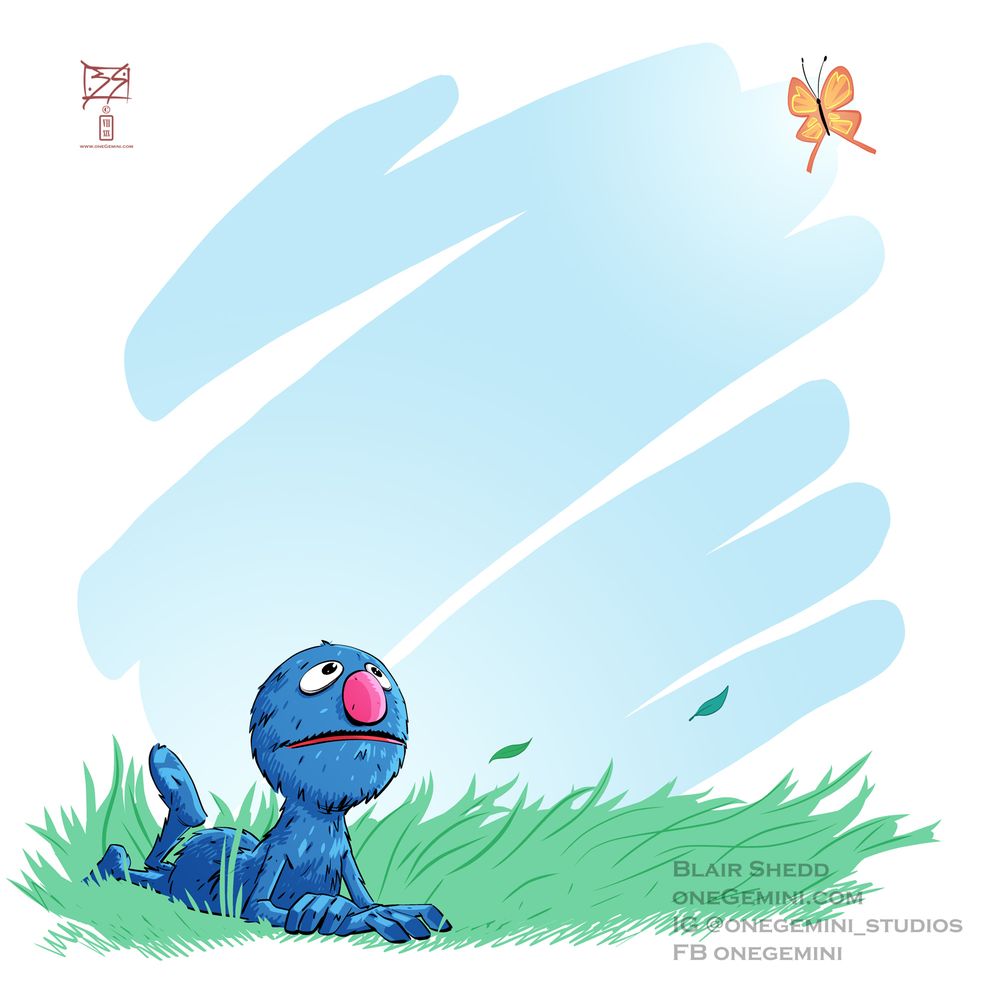 Grover watches a butterfly. Digital drawing.