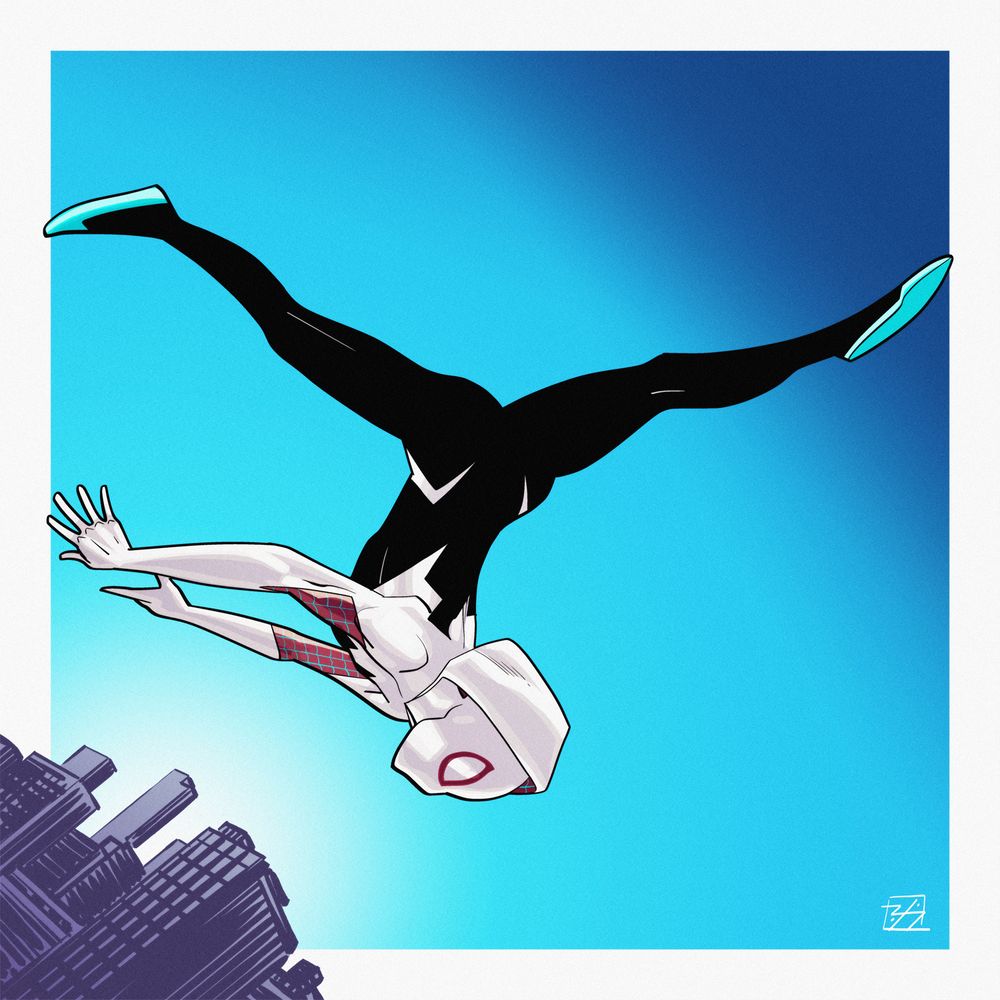 Gwen Stacy in mid-flip. Digital drawing.