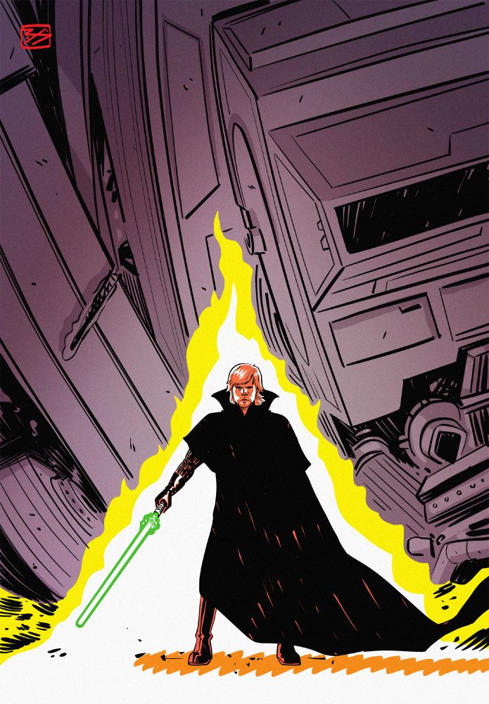 Luke with lightsaber, fire, and a downed AT AT. Digitally drawn.