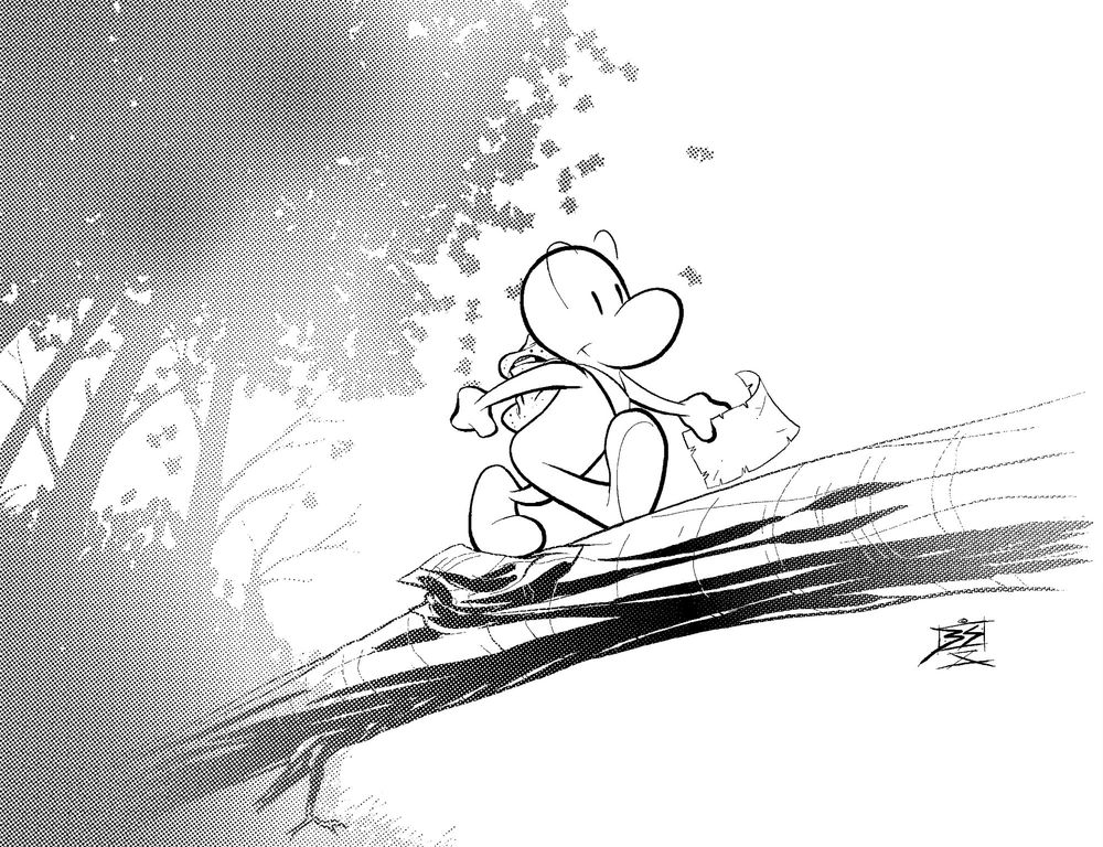 Digital drawing of Fone Bone crossing a tree-trunk bridge.