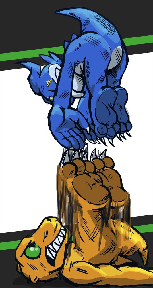 Agumon using the legs to lift veemon to atmospheres unknown.