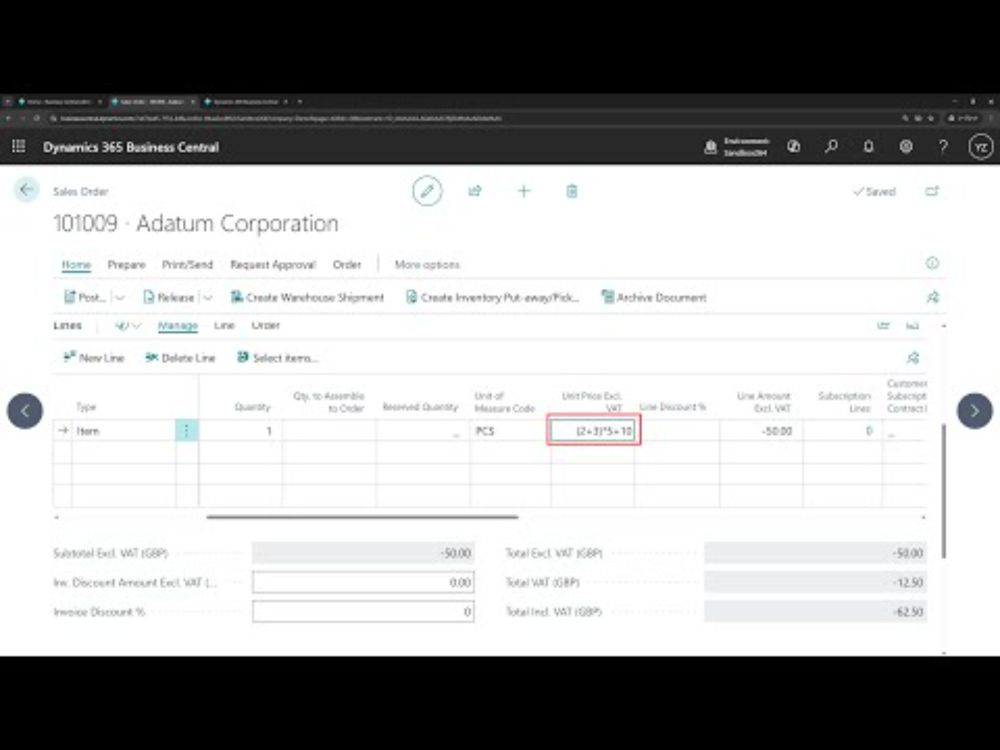 Business Central short video: Entering Quantities/Amounts by Calculation and Negative Numbers