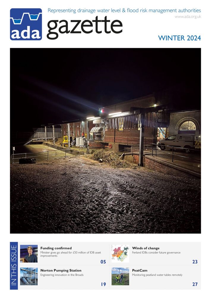 Cover of the Winter 2024 edition of the ADA Gazette. Pictures is Witham Fourth District Internal Drainage Board's Hobhole Pumping Station working flat out at night during Storm Babet in November 2023.