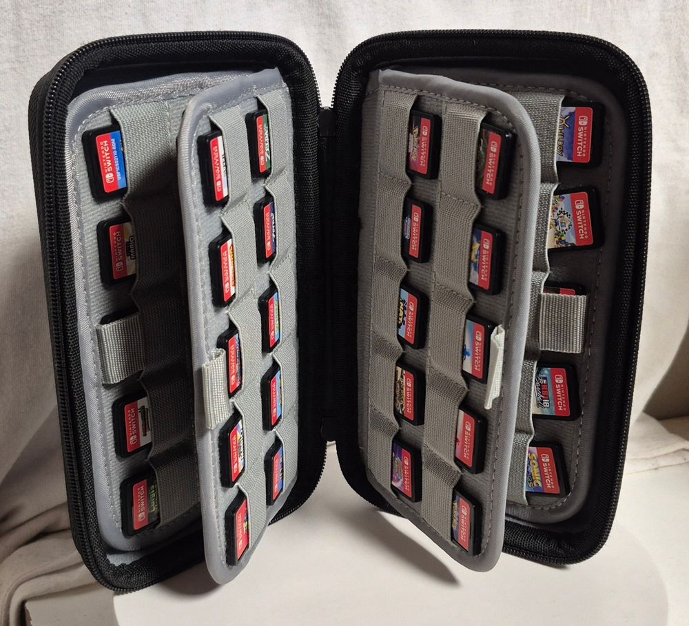 A Nintendo Switch game case full of game cards.
