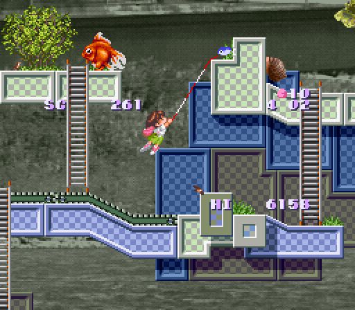 Umihara Kawase (Super Famicom) featuring the player character using a hook to maneuver around.