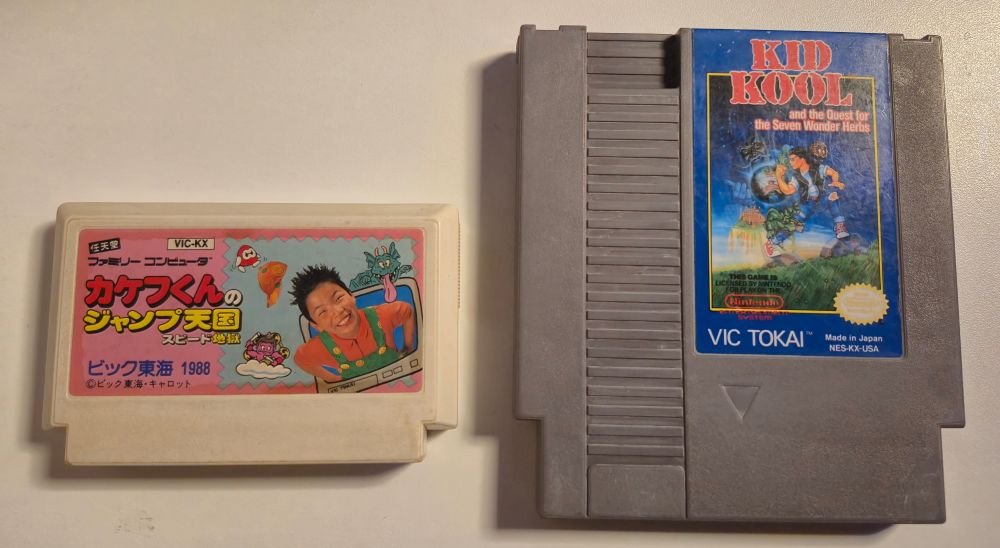 A Famicom cartridge copy of Kakefu-kun no Jump Tengoku Speed Jigoku and an NES cartridge copy of Kid Kool and the Quest for the Seven Wonder Herbs.
