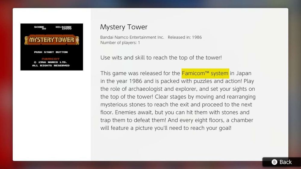 Mystery Tower (Nintendo Classics - Nintendo Switch Online) game description.