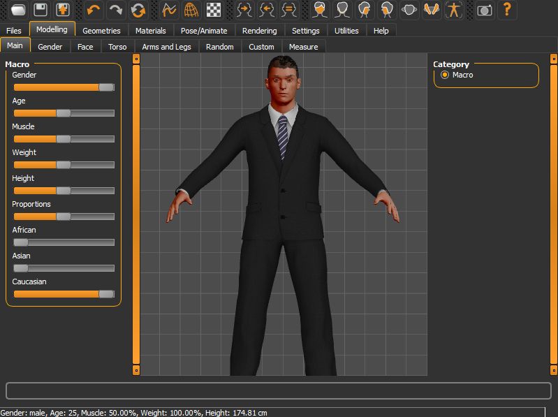 A screenshot of the MakeHuman interface. Center is a 3D mesh of a white male with black hair in a black suit with a tie. He's in a weird pose with arms out. On the left, various sliders show properties such as "Gender", "Age", "Muscle", "Weight", "Height", "Proportions", "African", "Asian" and "Caucasian".
