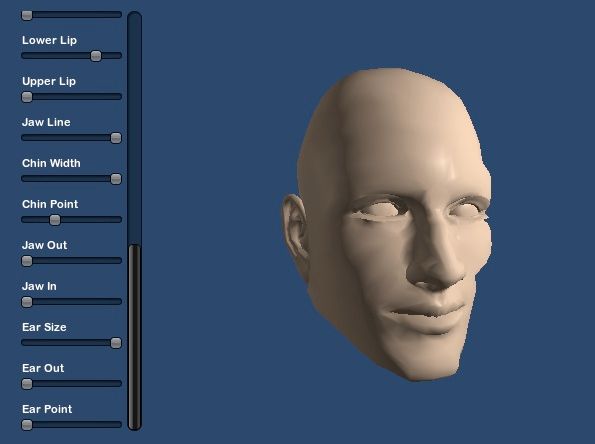 A textureless mesh of a face on a blue background. On the left, sliders control various facial properties such as "Lower lip", "Upper lip", "Jaw line", "Chin width", "Chin Point", etc.