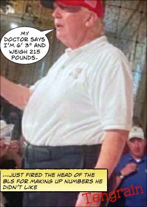 Profile image of The Orange 🤡 with a word balloon saying, “My doctor says I’m 6’ 3” and weigh 215 pounds.” the caption box reads, “...just fired the head of BLS for making up numbers he doesn’t like.” Signed, Tengrain