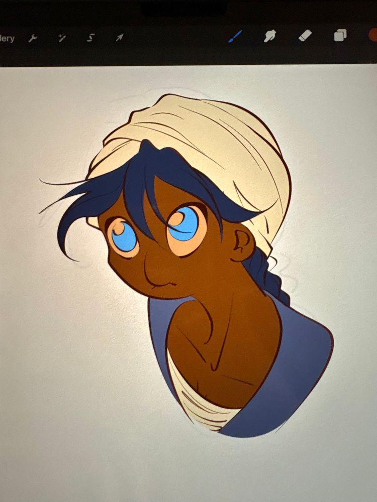 Small bust illustration of Aladdin from Magi: the Labyrinth of Magic. He is depicted with dark brown skin and navy hair instead of his canon blue. He's staring autistically up at the viewer with ENORMOUS eyes that are eerily bright compared to the rest of him.