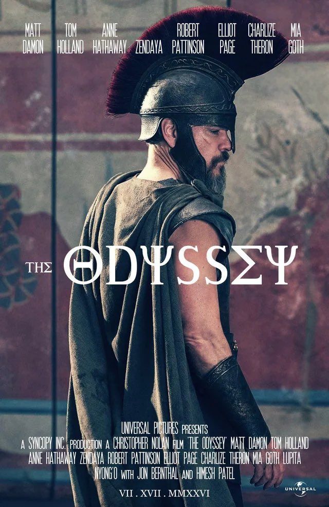 Poster for movie called The Odyssey but written in Greek letters that make absolutely no sense