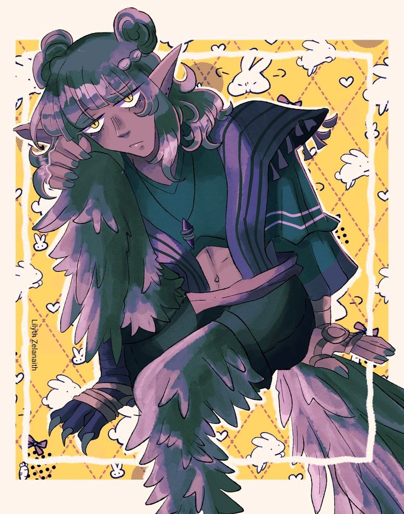 My new oc Ymir.
She is a elf woman with crow features like her legs which and her tail. Her feathers are black with purple accentuations.
Her skin is purple and eyes are yellow. 
She always has a bored expression on her face. 
Her hair is wavy black with purple accentuations and has two buns on each side of her head. 
Since she's an elf she has pointy ears.
Her outfit consists on a purple and dark green blouse with frills and multiple patterns.
Her hands are decorated with tied ropes around her hand.
