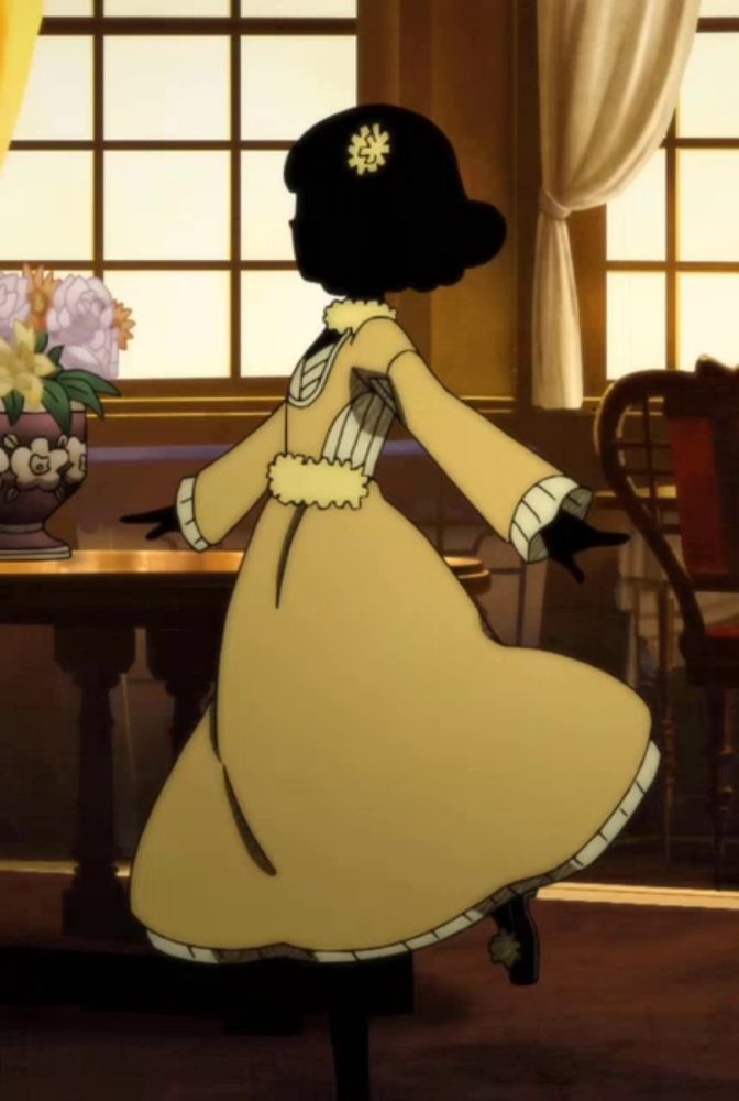 a silhouette of a girl in a yellow dress is dancing in front of a window