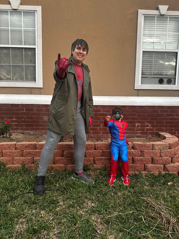 Halloween 2023, my son dressed as spiderman , I dressed as Peter B Parker aka the hasbeen depressed spiderman wearing a coat and sweatpants 