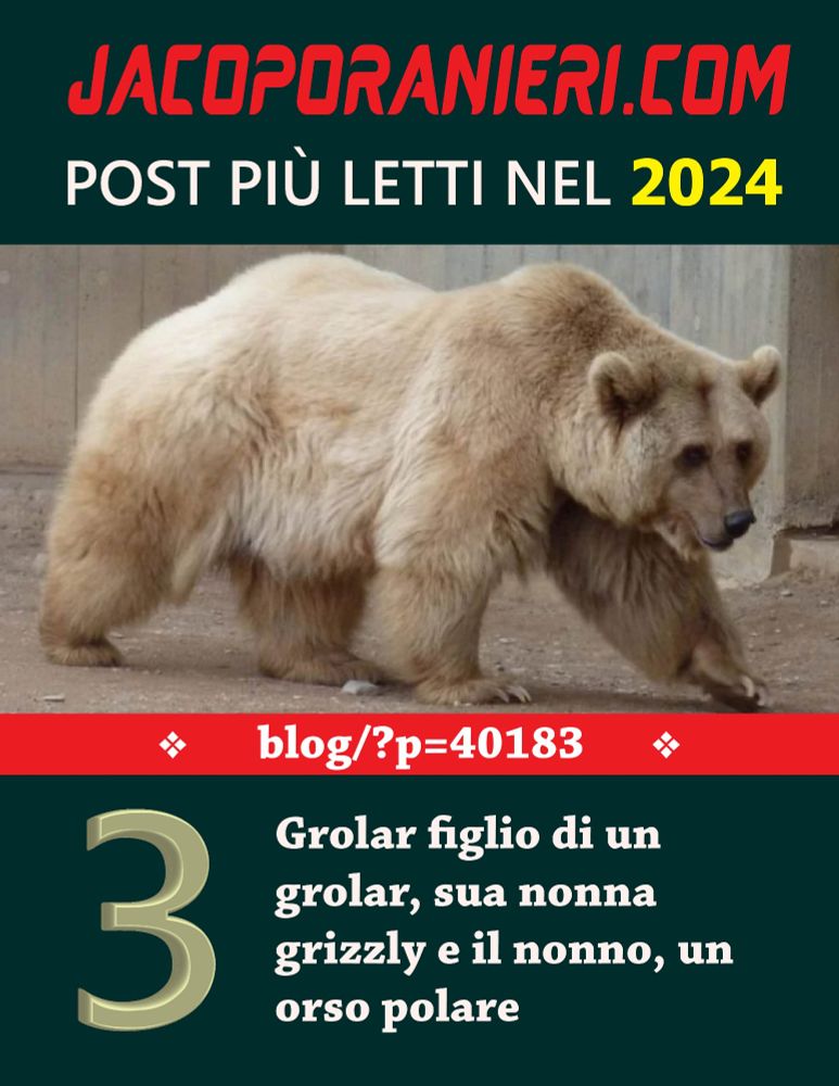 Banner parte di una infografica che conterrà i 10 post più letti dell'anno sul blog jacoporanieri.com. Post numero 3 - L'immagine di riferimento raffigura un orso ibrido dal manto bianco.