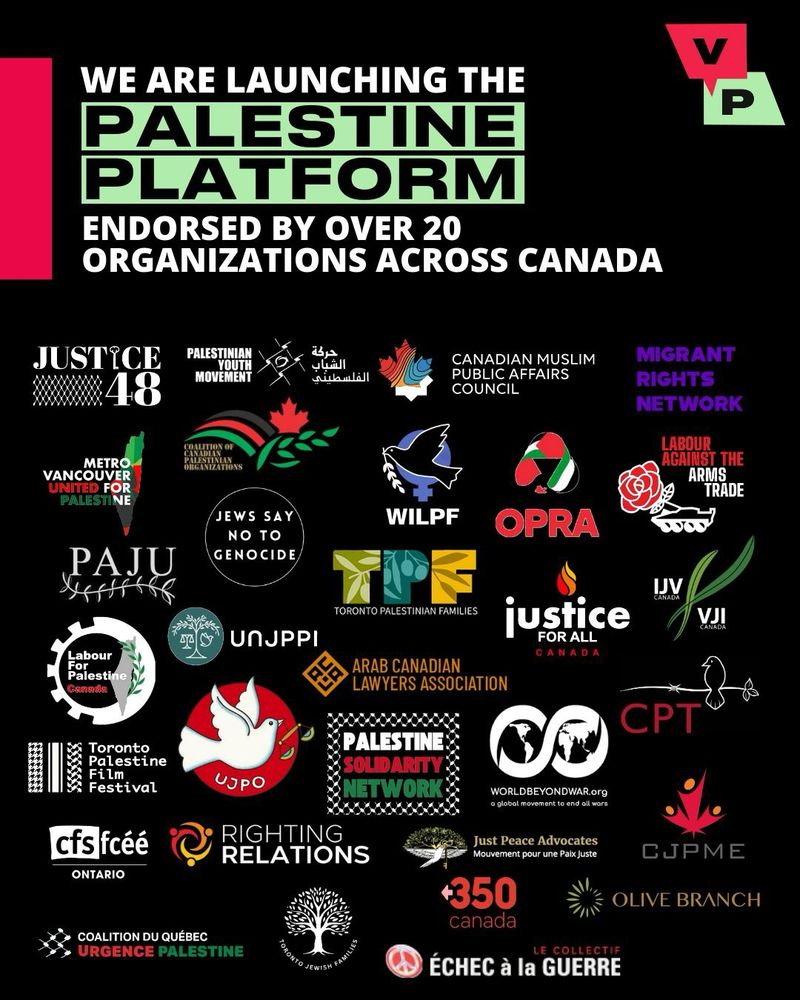 Poster in black, red, white and green bold colours and text saying "We are launching the Palestine Platform endorsed by over 20 organizations across Canada."  Poster then has all the organizations logos listed.
