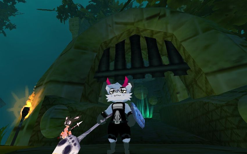 A light blue humanoid jackalope  wearing black clothing carrying a staff and shield in front of a gate.