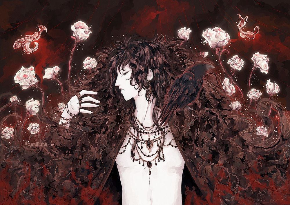A man with a crow, surrounded by flowers.