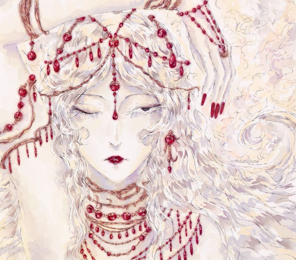 A woman with white hair adorned with red jewels.