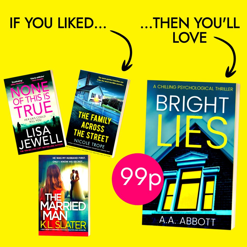 An image of book covers, saying if the reader liked books by Lisa Jewell, Nicolle Trope and KL Slater, they will love Bright Lies by AA Abbott, which is only 99p.