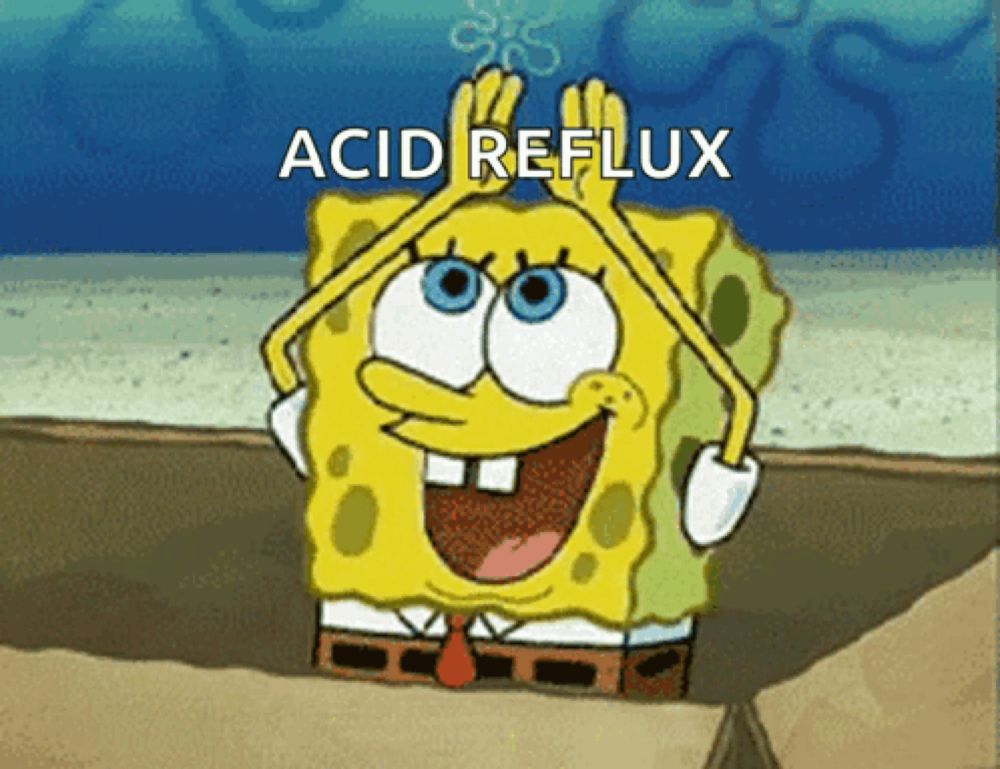 a cartoon of spongebob that says acid reflux on the bottom