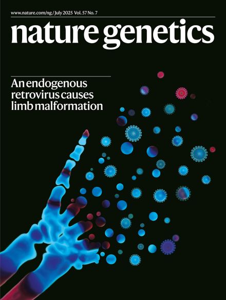 The cover of Nature Genetics July 2025 issue. Digital art of a mouse paw skeletal prep on dark background, digits I to IV disintegrating into viral particles. A caption says “An endogenous retrovirus causes limb malformation”.