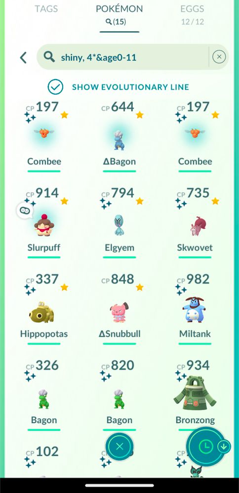Screen capture of "shiny,4*&age0-11", meaning all shiny and 100% Pokemon caught in the last 12 days.

Caught today: Two shiny Combee, one of which can be evolved; a 100% Bagon, a shinyy Slurpuff (after evolving it)

Caught between 7/24 and 8/5: Second shiny Elgyem, first shiny Skwovet, second shiny female Hippopotas, 8th perfect Snubbull, 4th shiny Miltank, 4 shiny Bagons, a shiny Noibat, and 6th shiny Bronzor (which I evolved into a shiny Bonzong)