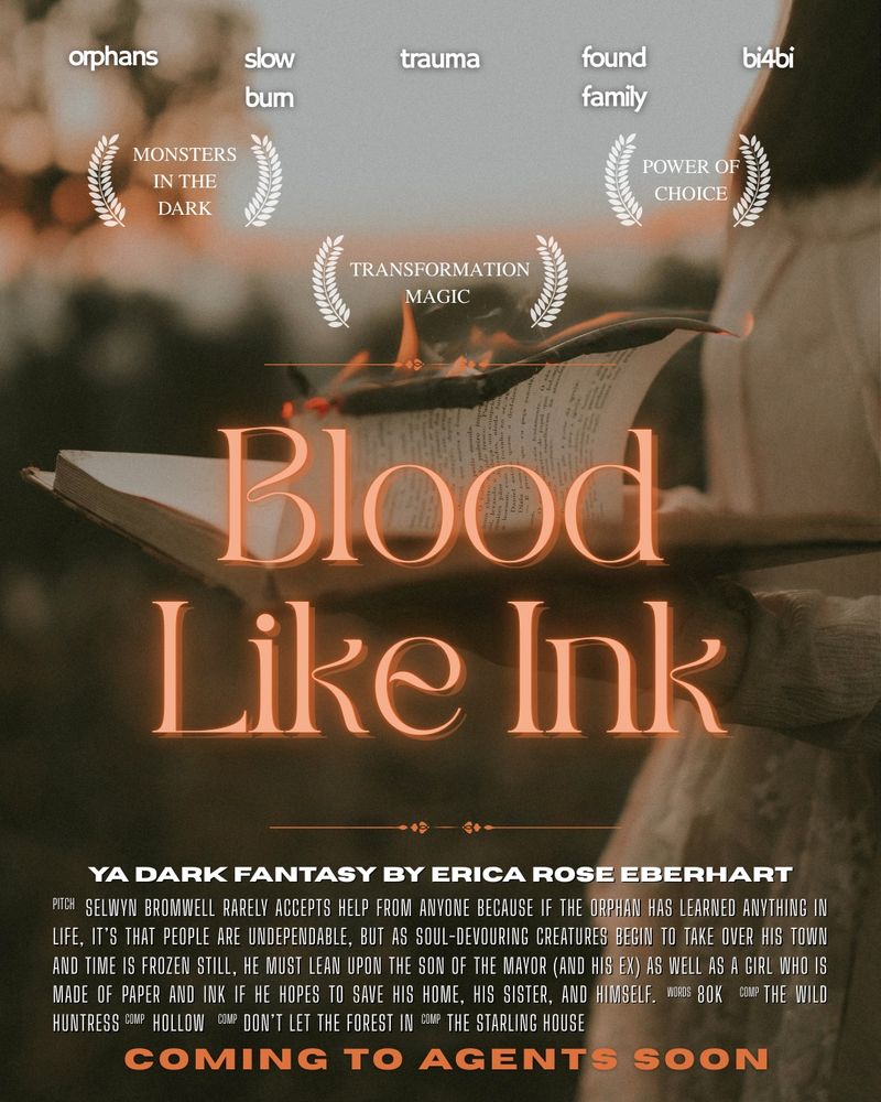 Blood Like Ink movie poster of a girl holding a burning book. Coming to agents soon, this story abs transformation magic, monsters in the dark, the power of choice, orphans, a slow burn, trauma, found family and bi4bi rep.
