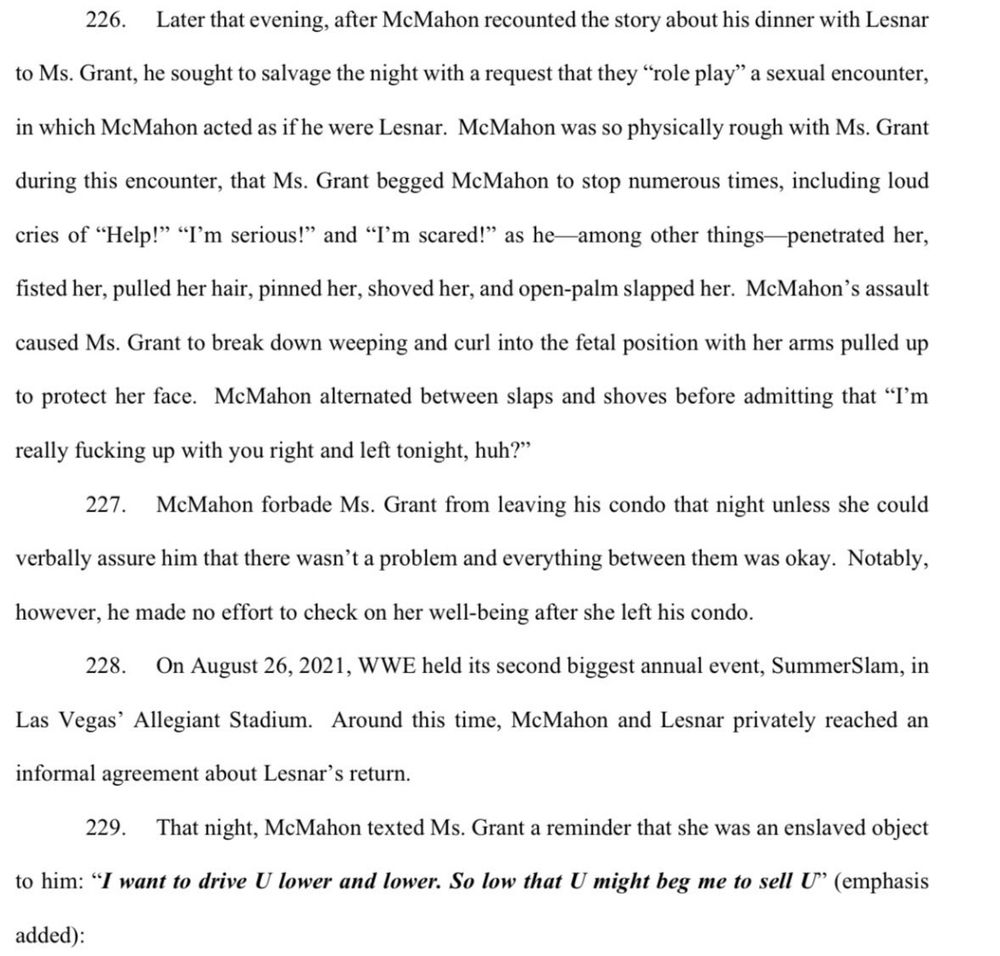 Another screenshot from the lawsuit where she alleges Vince McMahon wanted to role play as Brock Lesnar & Lesnar & McMahon reached an informal agreement for his return. 